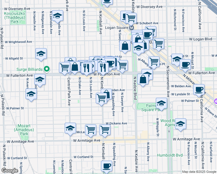 map of restaurants, bars, coffee shops, grocery stores, and more near 2322 North Spaulding Avenue in Chicago