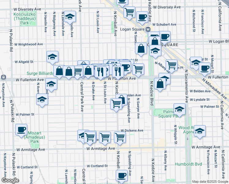 map of restaurants, bars, coffee shops, grocery stores, and more near 3413 West Medill Avenue in Chicago
