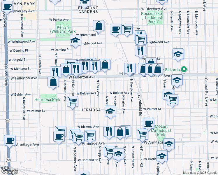 map of restaurants, bars, coffee shops, grocery stores, and more near 2326 North Keeler Avenue in Chicago