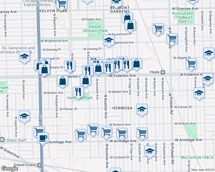 map of restaurants, bars, coffee shops, grocery stores, and more near 2326 North Kostner Avenue in Chicago