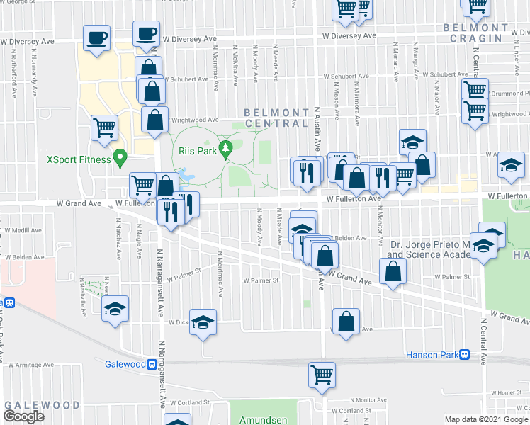 map of restaurants, bars, coffee shops, grocery stores, and more near 6107 West Fullerton Avenue in Chicago