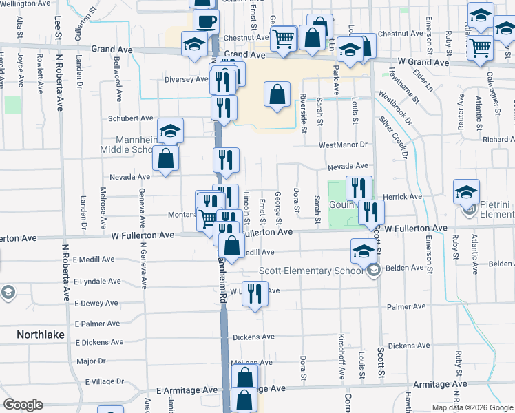 map of restaurants, bars, coffee shops, grocery stores, and more near 2448 Ernst Street in Franklin Park