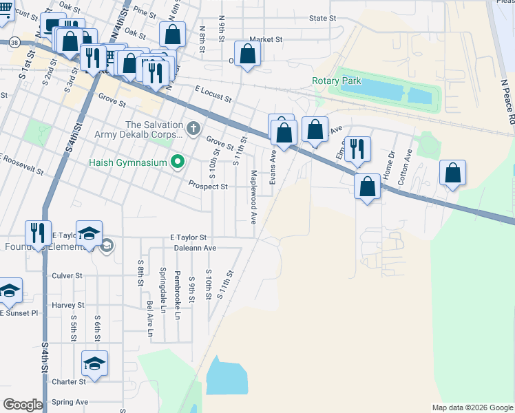 map of restaurants, bars, coffee shops, grocery stores, and more near 1212 South Avenue in DeKalb