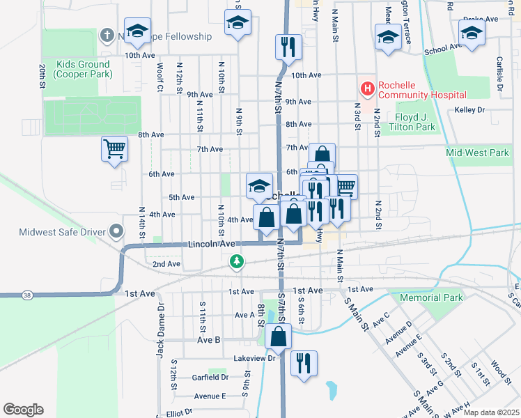 map of restaurants, bars, coffee shops, grocery stores, and more near 444 8th Street in Rochelle