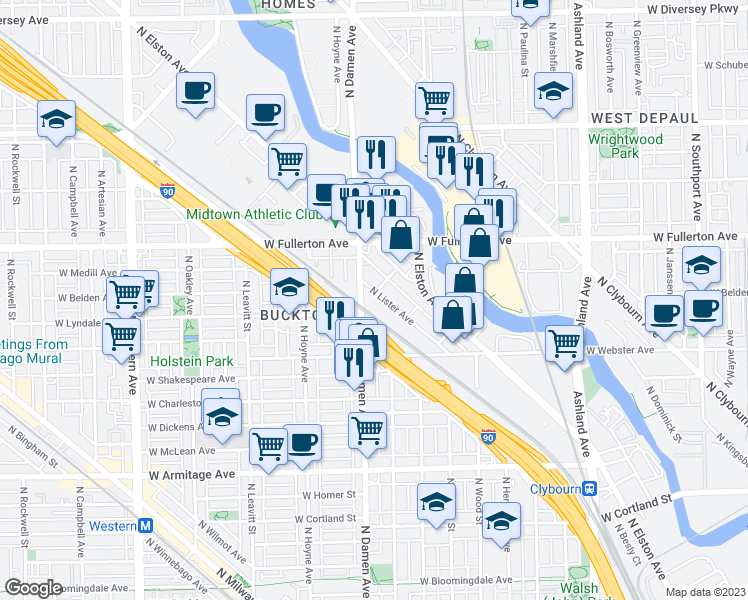 map of restaurants, bars, coffee shops, grocery stores, and more near 2338 North Lister Avenue in Chicago