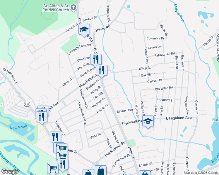 map of restaurants, bars, coffee shops, grocery stores, and more near 11 Morning Way in Cumberland