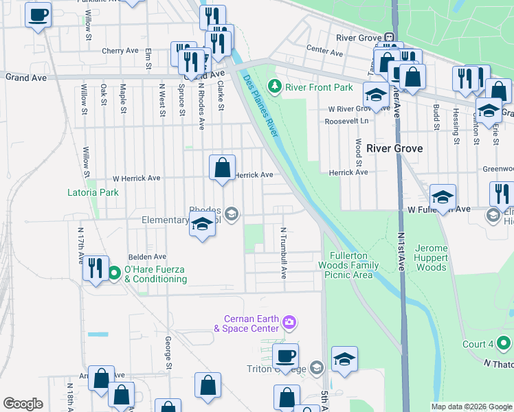 map of restaurants, bars, coffee shops, grocery stores, and more near 2422 North Grove Street in River Grove
