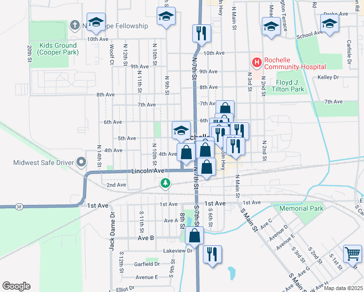 map of restaurants, bars, coffee shops, grocery stores, and more near 444 8th Street in Rochelle