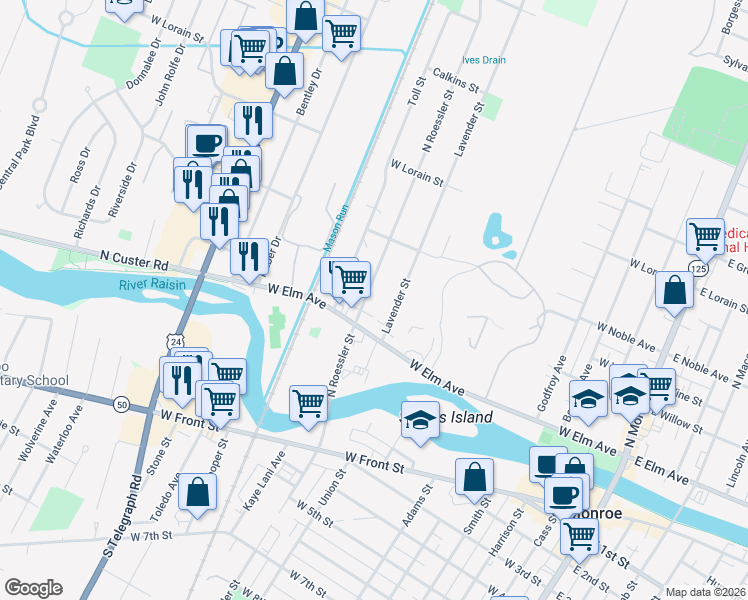 map of restaurants, bars, coffee shops, grocery stores, and more near 128 North Roessler Street in Monroe