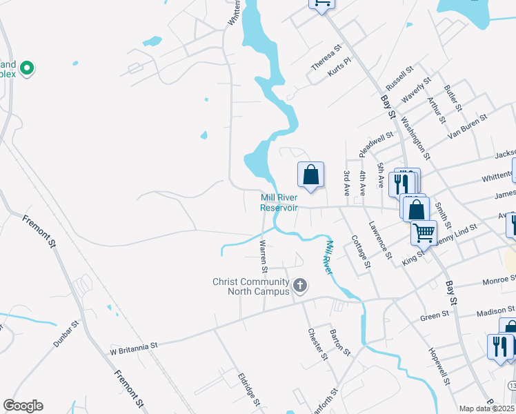 map of restaurants, bars, coffee shops, grocery stores, and more near 3 Warren Street in Taunton