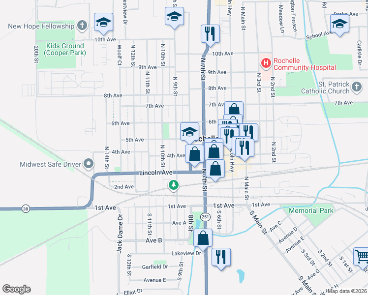 map of restaurants, bars, coffee shops, grocery stores, and more near 444 North 8th Street in Rochelle