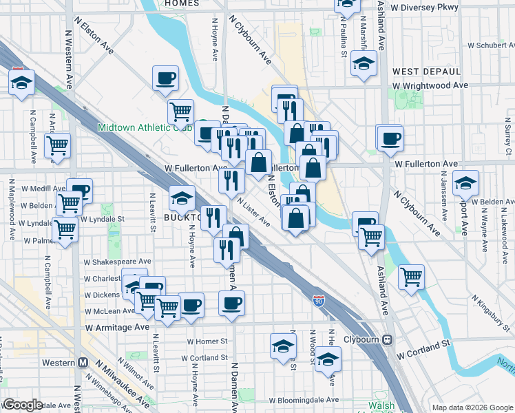 map of restaurants, bars, coffee shops, grocery stores, and more near 2333 North Lister Avenue in Chicago