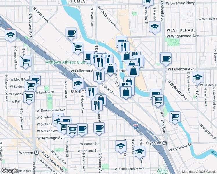 map of restaurants, bars, coffee shops, grocery stores, and more near 2333 North Lister Avenue in Chicago