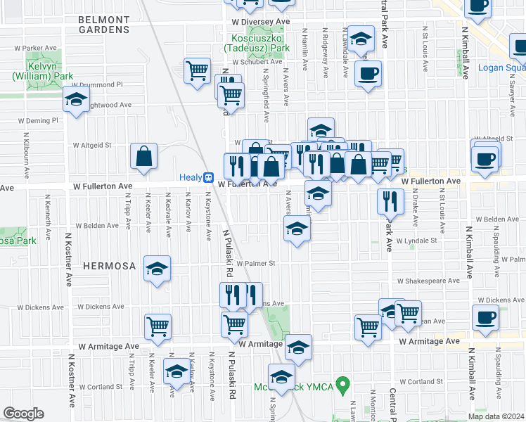 map of restaurants, bars, coffee shops, grocery stores, and more near 2316 North Springfield Avenue in Chicago