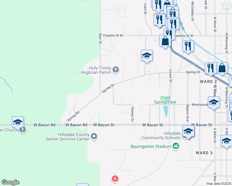 map of restaurants, bars, coffee shops, grocery stores, and more near 172 Westwood Drive in Hillsdale