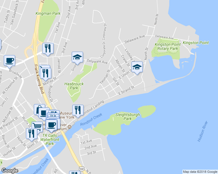 map of restaurants, bars, coffee shops, grocery stores, and more near 222 East Union Street in Kingston