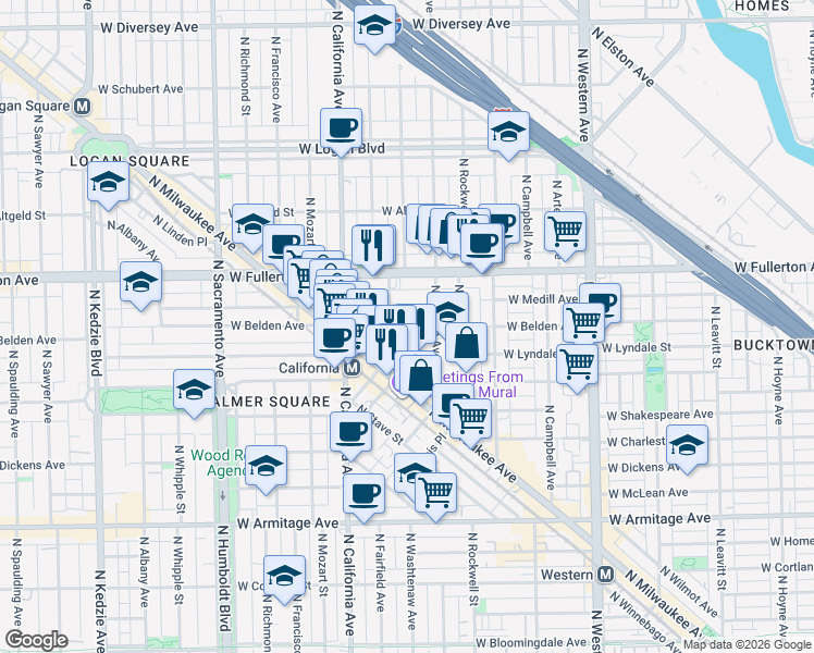 map of restaurants, bars, coffee shops, grocery stores, and more near 2650 West Belden Avenue in Chicago