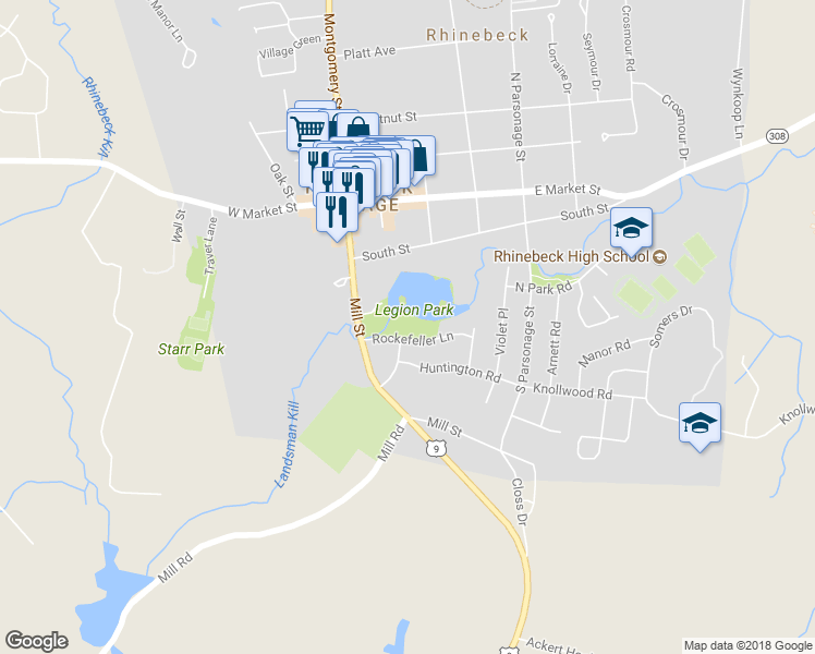 map of restaurants, bars, coffee shops, grocery stores, and more near 5 Rockefeller Lane in Rhinebeck Village Business District