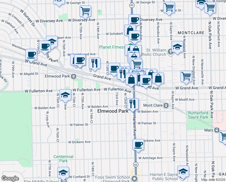 map of restaurants, bars, coffee shops, grocery stores, and more near 7245 West Fullerton Avenue in Elmwood Park