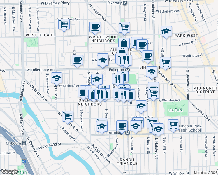 map of restaurants, bars, coffee shops, grocery stores, and more near 1051 West Belden Avenue in Chicago