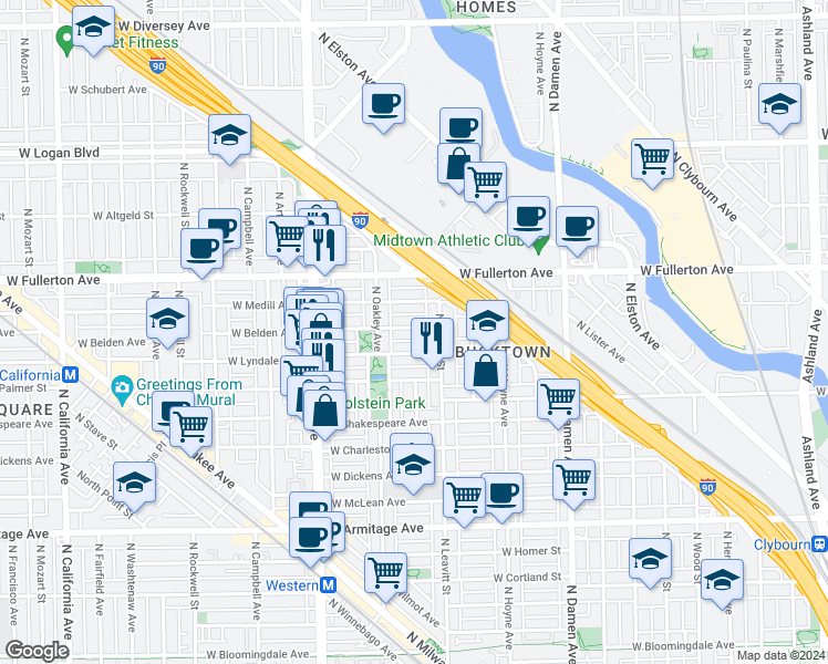 map of restaurants, bars, coffee shops, grocery stores, and more near 2225 West Belden Avenue in Chicago