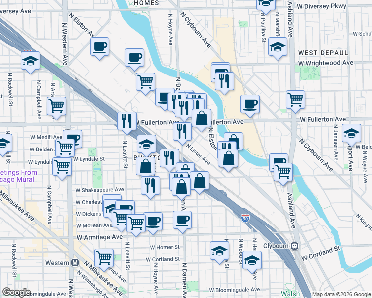 map of restaurants, bars, coffee shops, grocery stores, and more near 2348 North Lister Avenue in Chicago