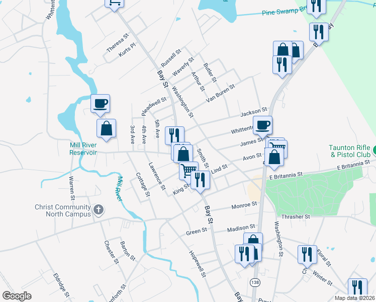 map of restaurants, bars, coffee shops, grocery stores, and more near 194 Whittenton Street in Taunton