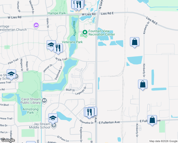 map of restaurants, bars, coffee shops, grocery stores, and more near 788 North Gary Avenue in Carol Stream