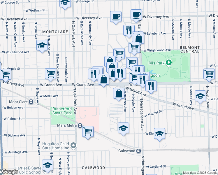 map of restaurants, bars, coffee shops, grocery stores, and more near 6601 W Grand Ave in Chicago