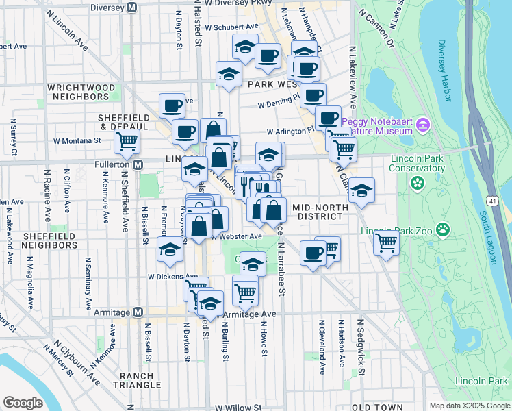 map of restaurants, bars, coffee shops, grocery stores, and more near 2257 North Lincoln Avenue in Chicago