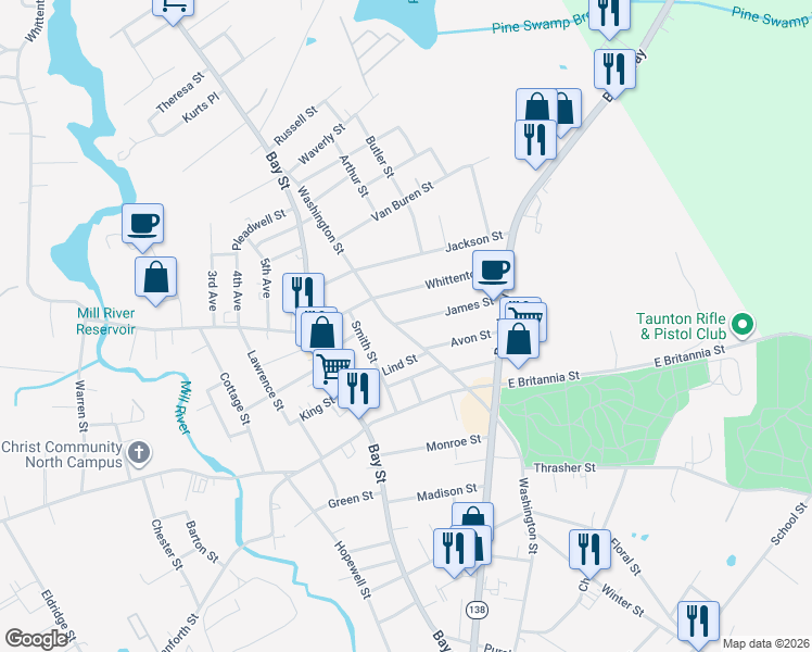 map of restaurants, bars, coffee shops, grocery stores, and more near 6 James Street in Taunton