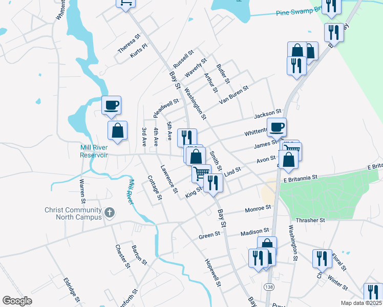 map of restaurants, bars, coffee shops, grocery stores, and more near 446 Bay Street in Taunton