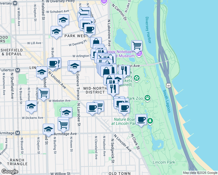 map of restaurants, bars, coffee shops, grocery stores, and more near 401 West Belden Avenue in Chicago