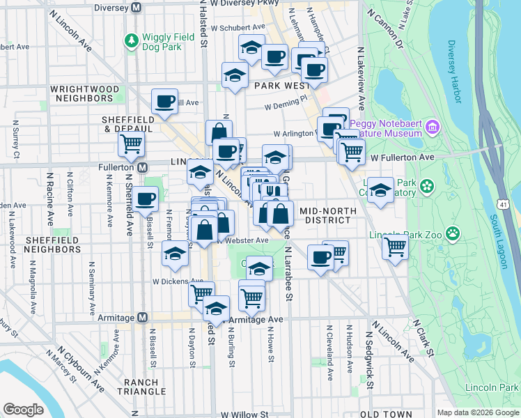 map of restaurants, bars, coffee shops, grocery stores, and more near 629 West Belden Avenue in Chicago
