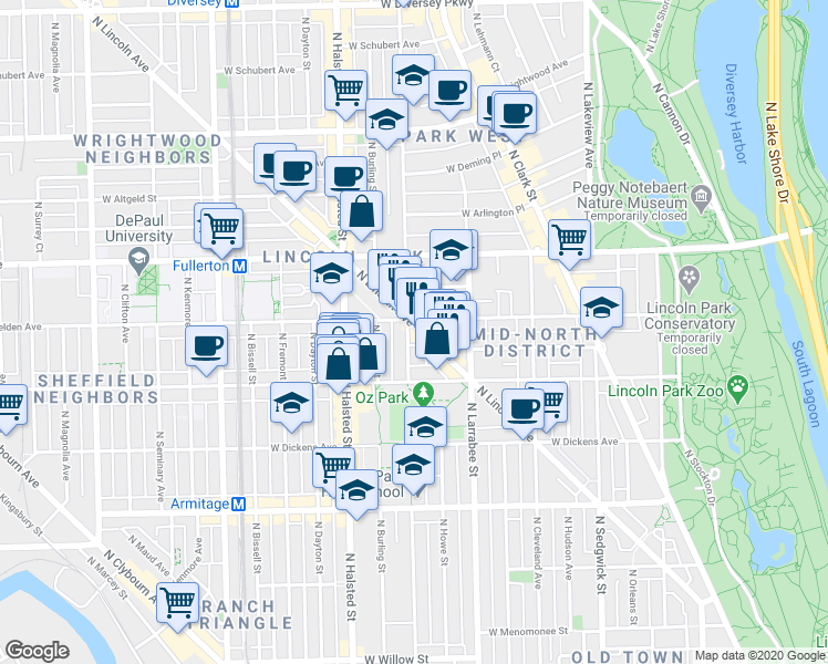 map of restaurants, bars, coffee shops, grocery stores, and more near in Chicago