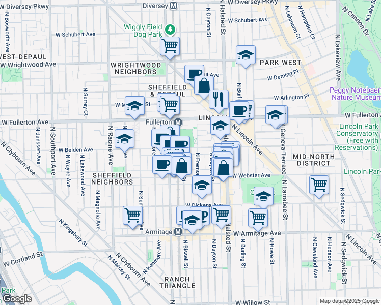 map of restaurants, bars, coffee shops, grocery stores, and more near 857 West Belden Avenue in Chicago