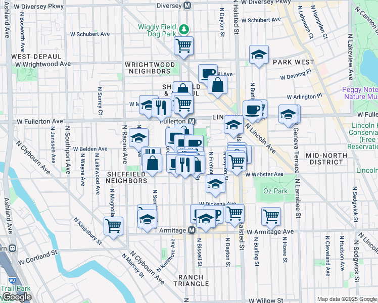 map of restaurants, bars, coffee shops, grocery stores, and more near 2254 North Bissell Street in Chicago