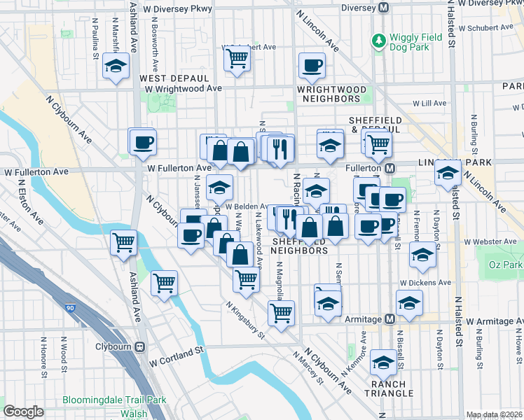 map of restaurants, bars, coffee shops, grocery stores, and more near 2258 North Magnolia Avenue in Chicago