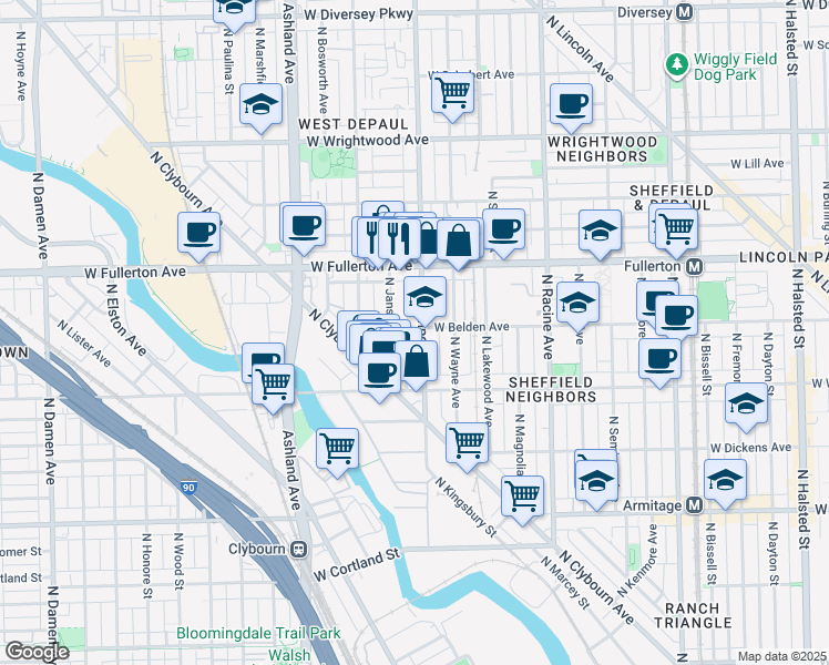 map of restaurants, bars, coffee shops, grocery stores, and more near 2311 North Southport Avenue in Chicago