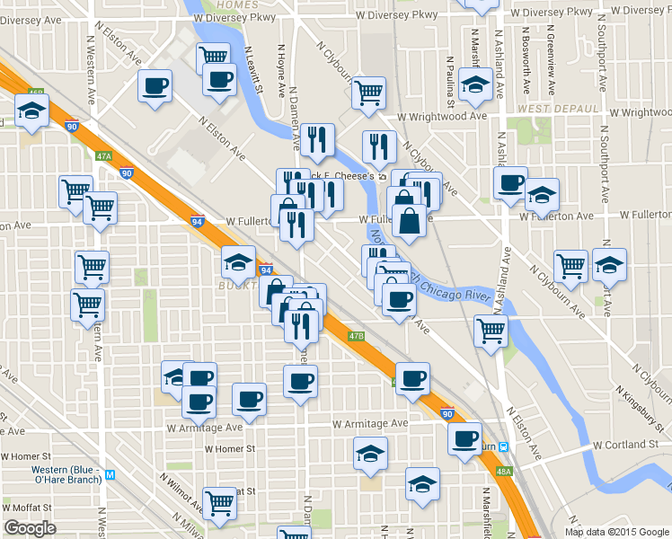 map of restaurants, bars, coffee shops, grocery stores, and more near 2333 North Lister Avenue in Chicago