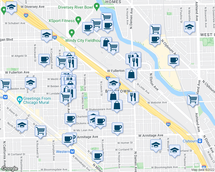 map of restaurants, bars, coffee shops, grocery stores, and more near 2327 North Leavitt Street in Chicago