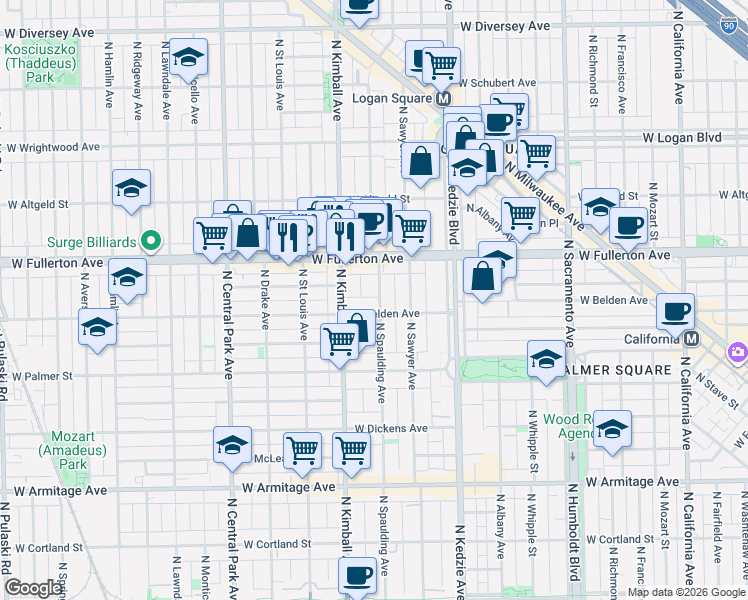 map of restaurants, bars, coffee shops, grocery stores, and more near 2322 North Spaulding Avenue in Chicago