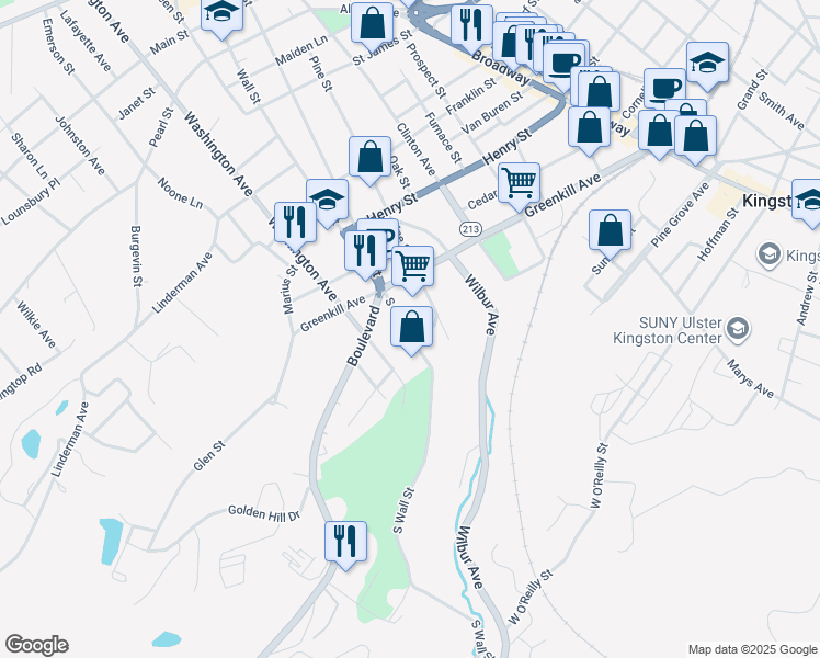 map of restaurants, bars, coffee shops, grocery stores, and more near 338 South Wall Street in Kingston