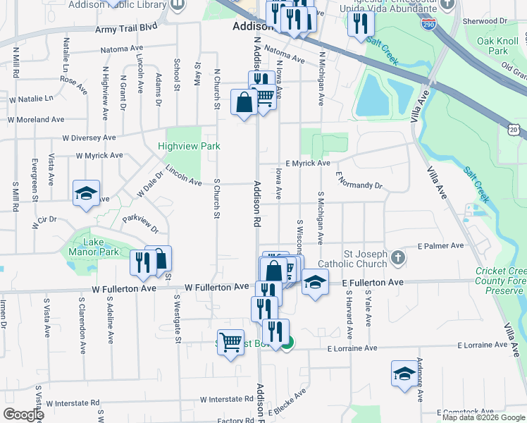 map of restaurants, bars, coffee shops, grocery stores, and more near 205 Addison Road in Addison