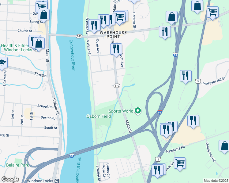 map of restaurants, bars, coffee shops, grocery stores, and more near 199 Main St in East Windsor