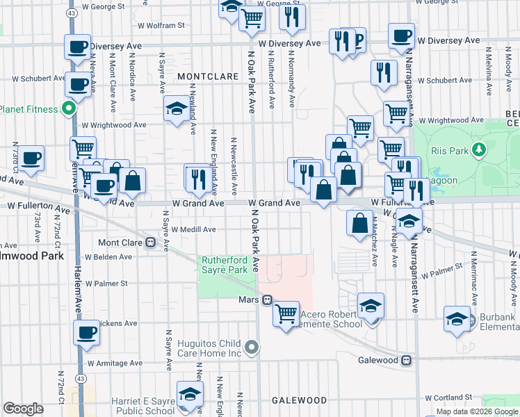 map of restaurants, bars, coffee shops, grocery stores, and more near 6763 West Grand Avenue in Chicago