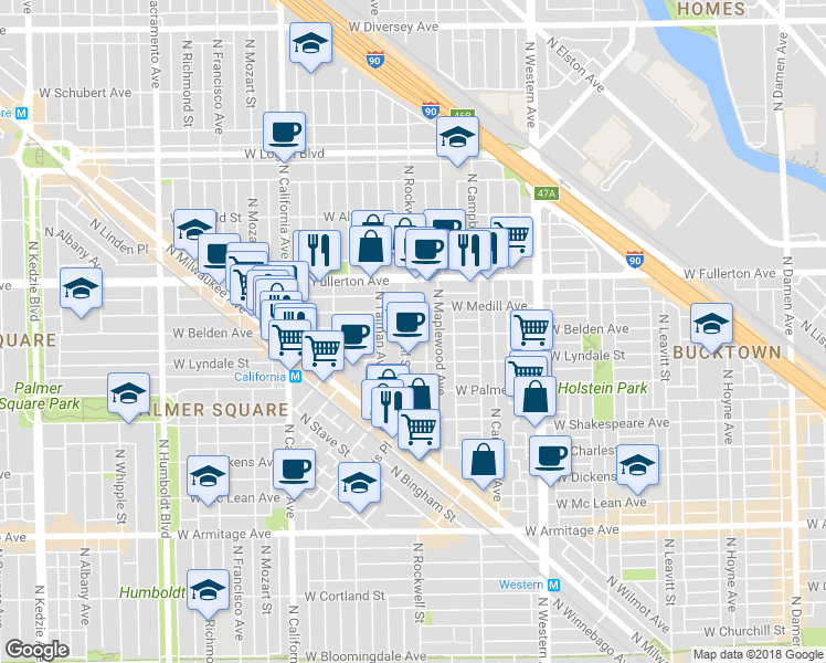 map of restaurants, bars, coffee shops, grocery stores, and more near 2307 North Rockwell Street in Chicago