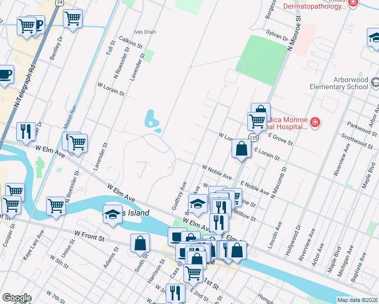 map of restaurants, bars, coffee shops, grocery stores, and more near 316 College Place in Monroe