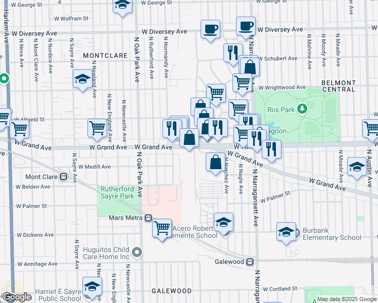 map of restaurants, bars, coffee shops, grocery stores, and more near 6601 W Grand Ave in Chicago