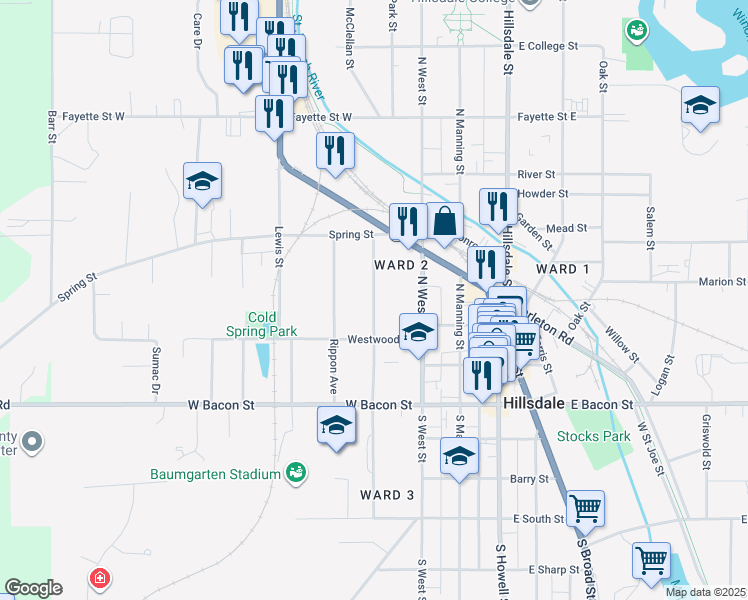 map of restaurants, bars, coffee shops, grocery stores, and more near 74 North Norwood Street in Hillsdale